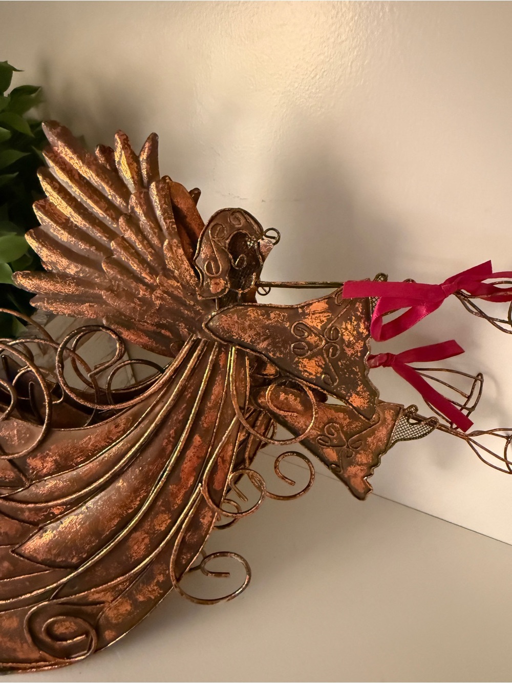 Set of 3 Metal Angel Wall Hangings Copper Gold Distressed Christmas Decor